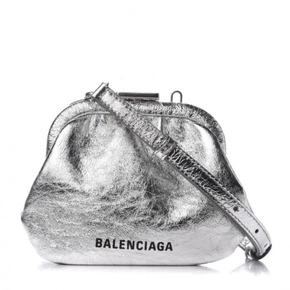 Authentic Balenciaga Metallic Calfskin Logo Cloud Coin Purse W/ Strap Silver